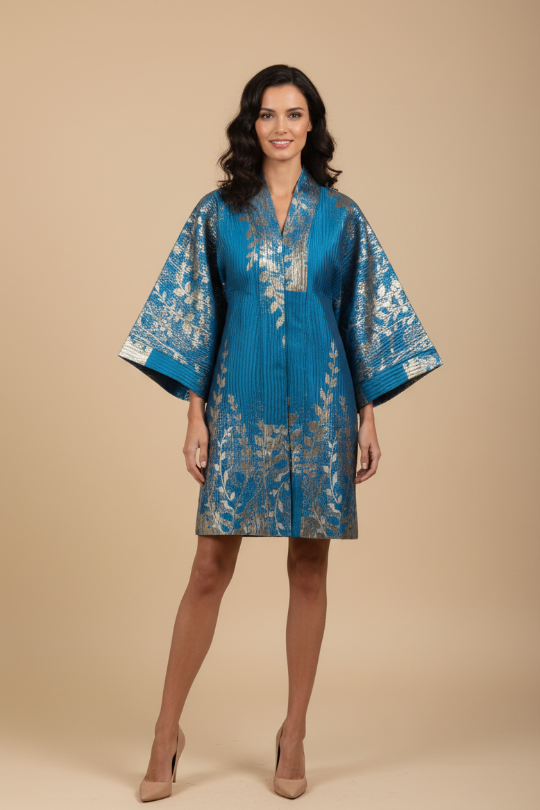Robe kimono en brocart bleue et argent ÌRÀWỌ̀ – 1Look By Adé