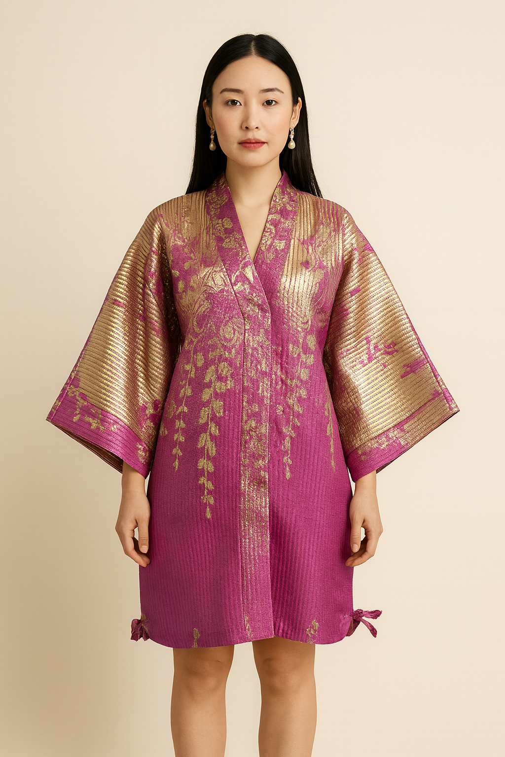 Robe kimono en brocart rose et or ÌRÀWỌ̀ – 1Look By Adé