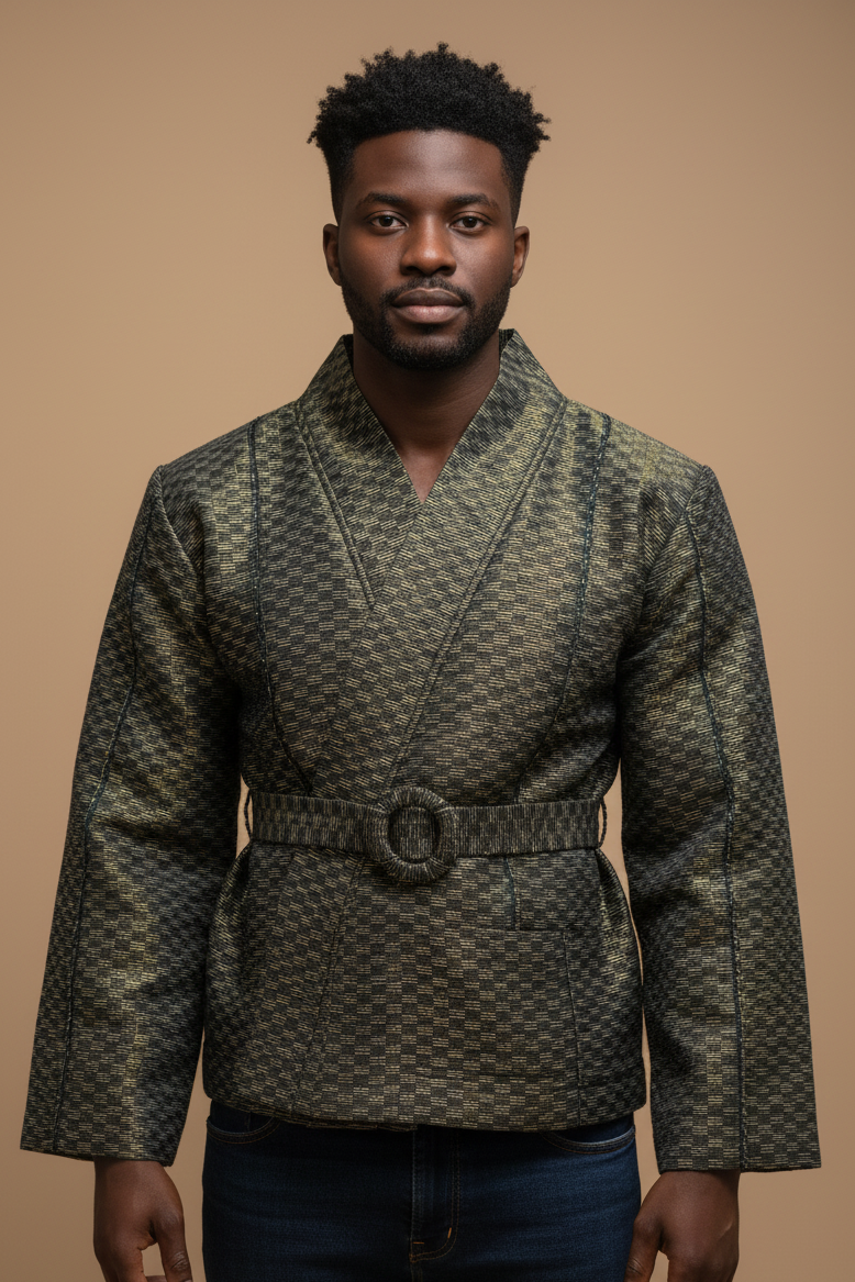 Veste mixte ÌṢỌLẸ̀ – pagne tissé premium vert & or - version homme