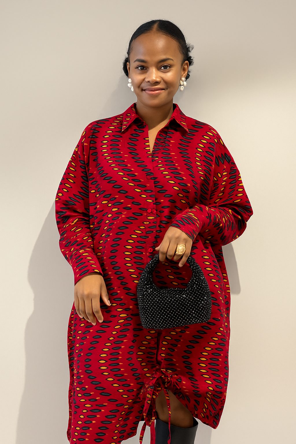 robe OLÚWASEUN 1Look By Adé – robe chemise boule en wax satiné vert et or