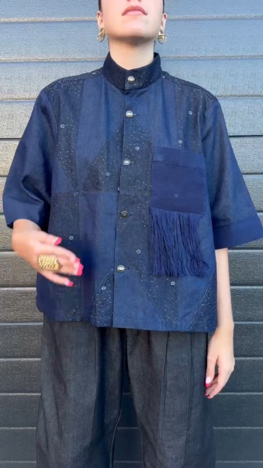 SHIFT INDIGO Maison Adé — veste patchwork denim bleu nuit, vue de face