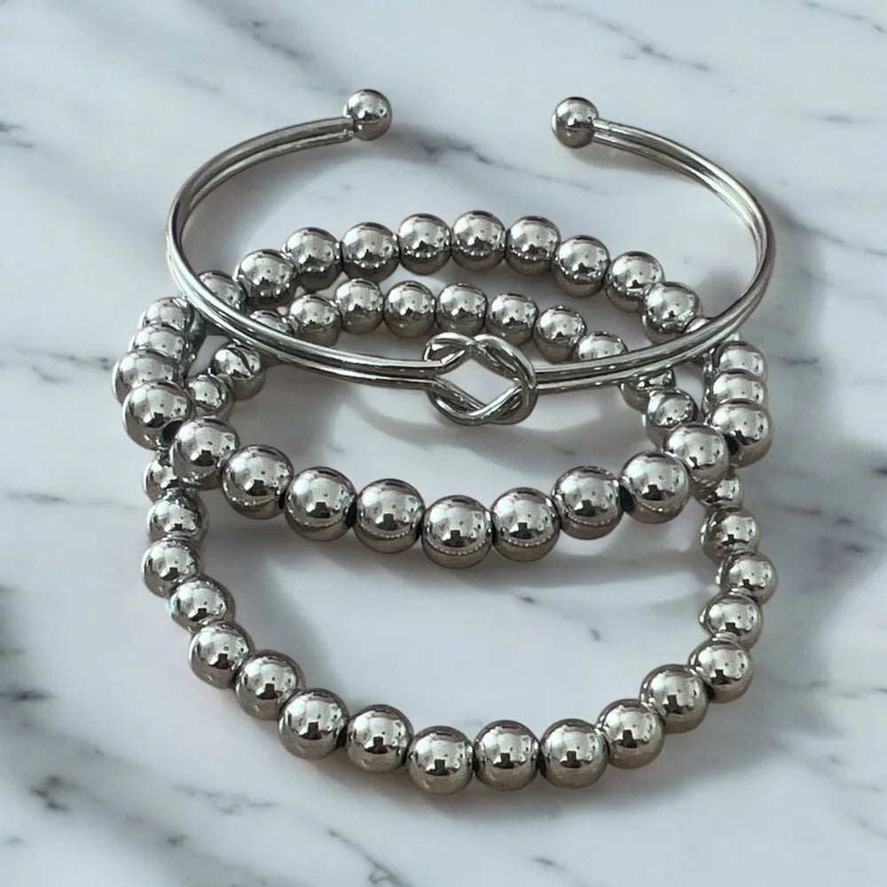 Bracelet Argenté – Trio Sphères et Cuff
