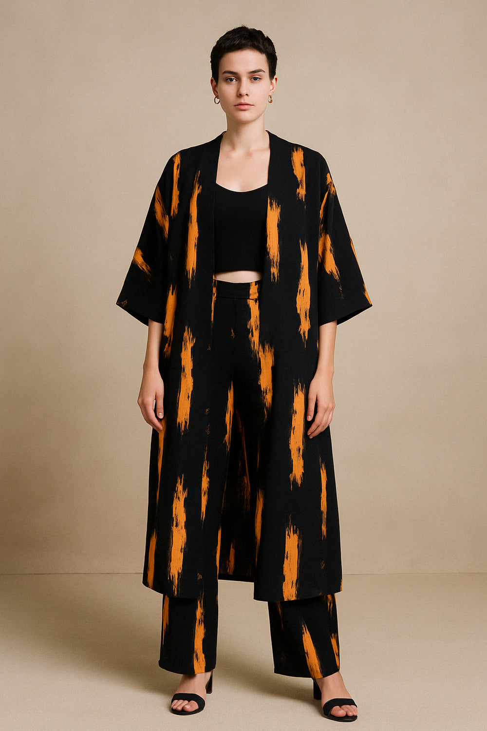 Ensemble Ifewuro Kimono Long Bleu Nuit et Jaune