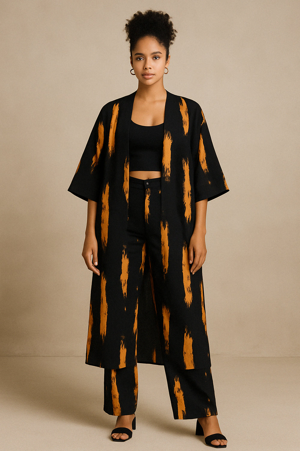 Ensemble Ifewuro Kimono Long Bleu Nuit et Jaune