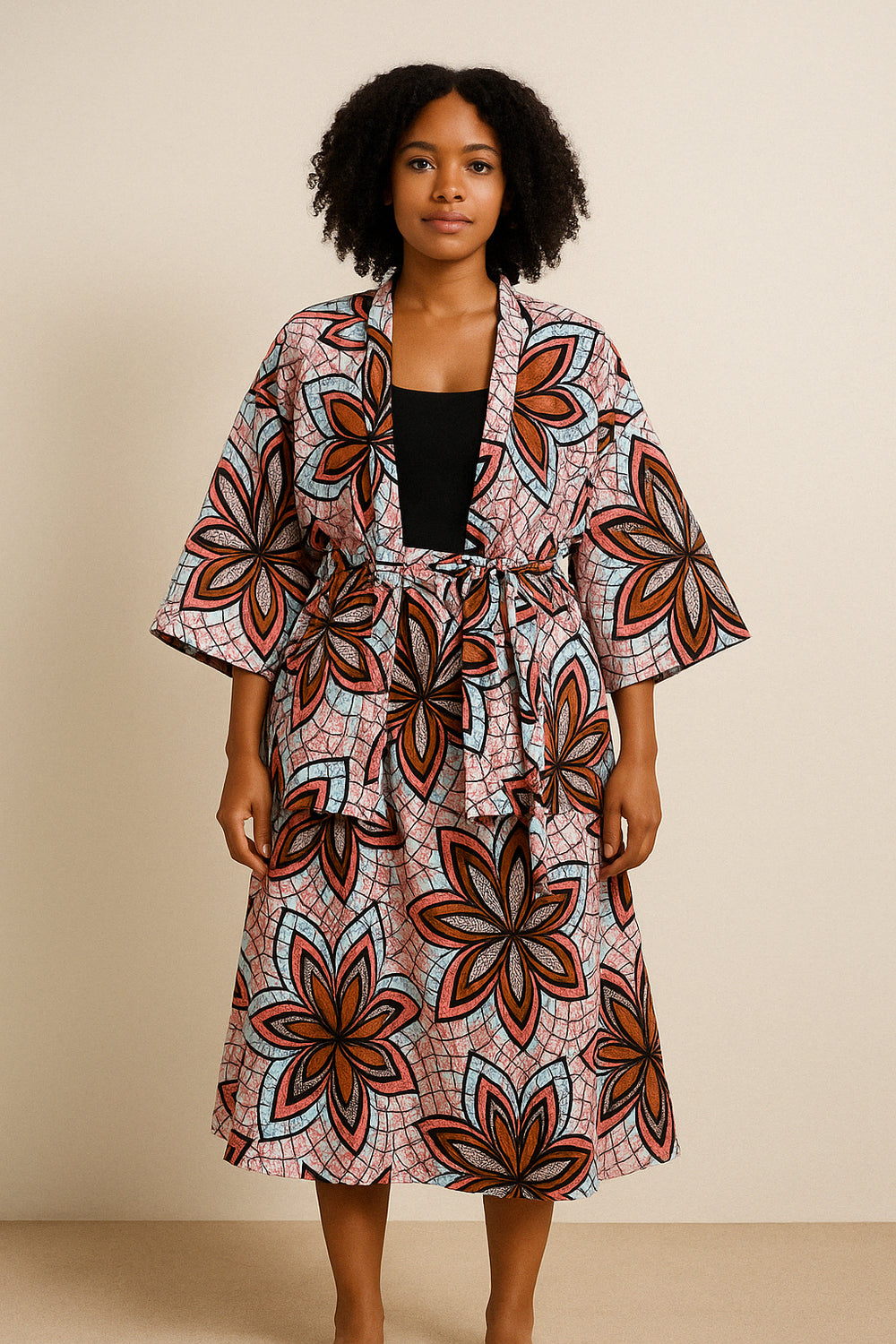 Ensemble Sika kimono structuré jupe longue wax rose bleu orange – 1Look by Adé