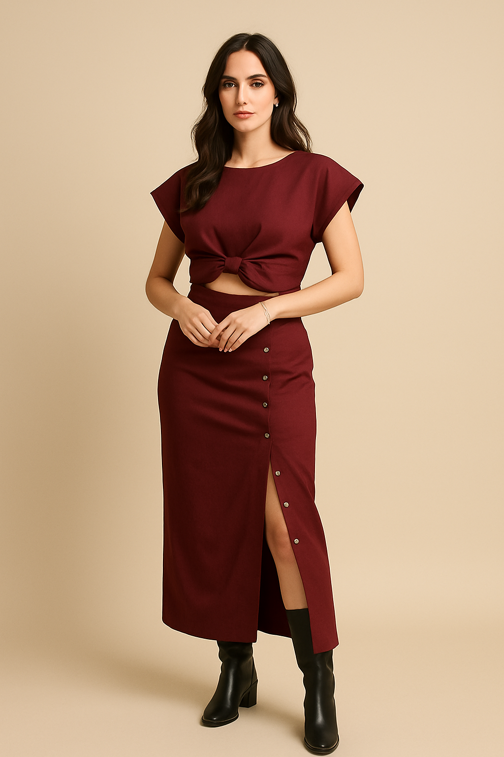VERA Maison Adé, ensemble bordeaux crop top et jupe longue, silhouette complète de face
