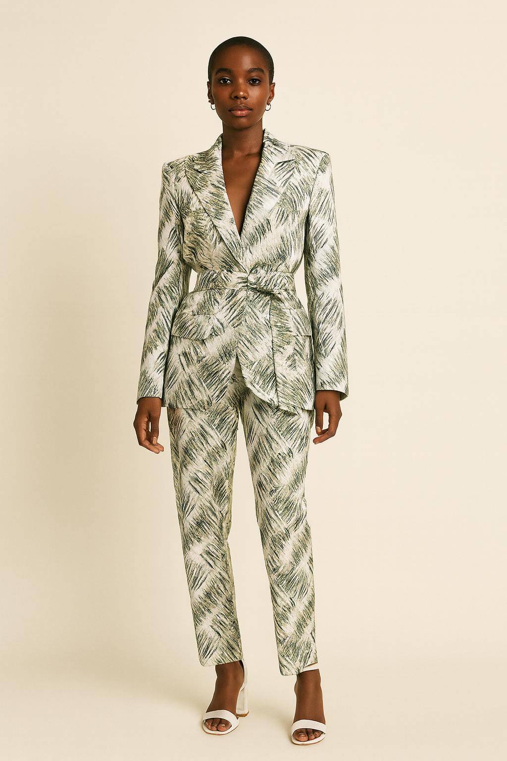 Ensemble tailleur ÀJÀRÀ – veste ceinturée et pantalon droit, motif vert premium