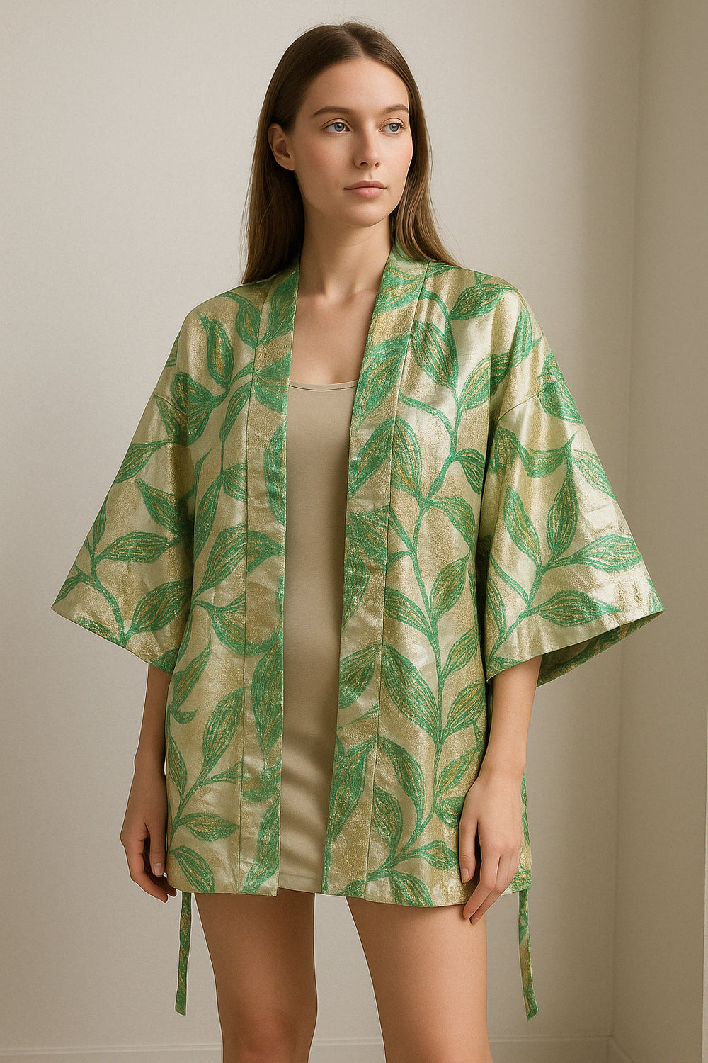Kimono Brocart Vert Emeraude, or & argent Ayo