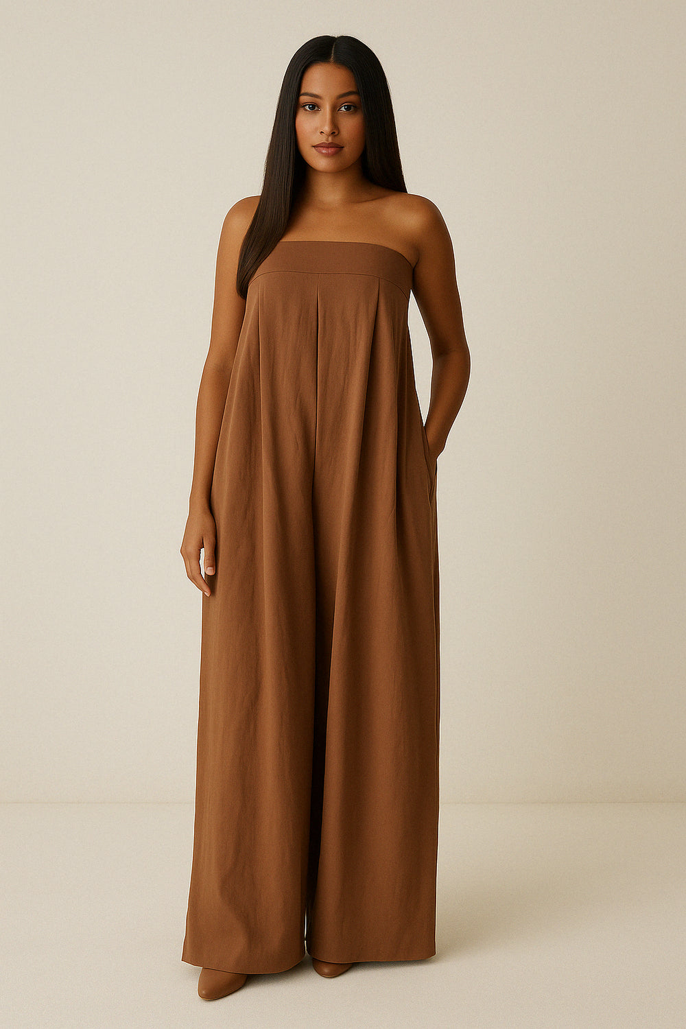 Pantalon bustier AYÉ en coton premium marron clair – vue de face