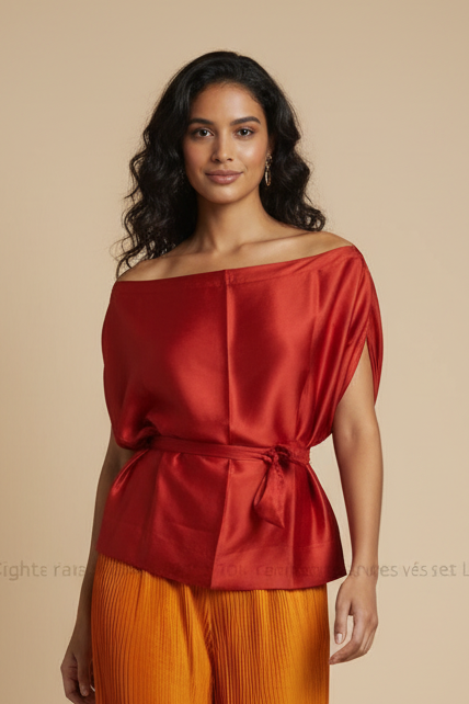 Top ÒRÌSÀ en satin rouge porté – 1Look By Adé