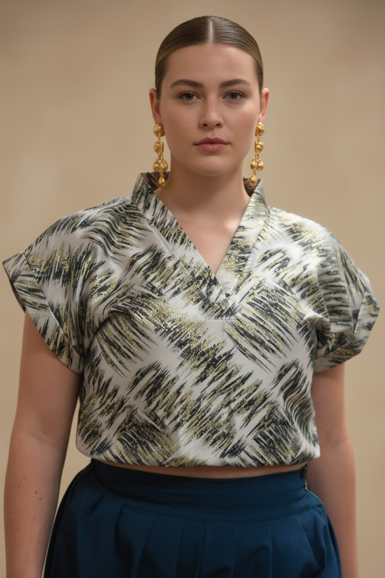 Top en brocart premium ÀṢỌ́ ÌRẸWÈSÌ – coupe courte, épaules structurées, motif métallisé vert et or – 1Look By Adé