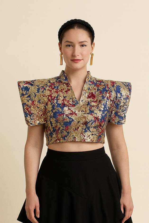 Top femme ÀRÍỌ̀RỌ̀ – brocart sculptural premium