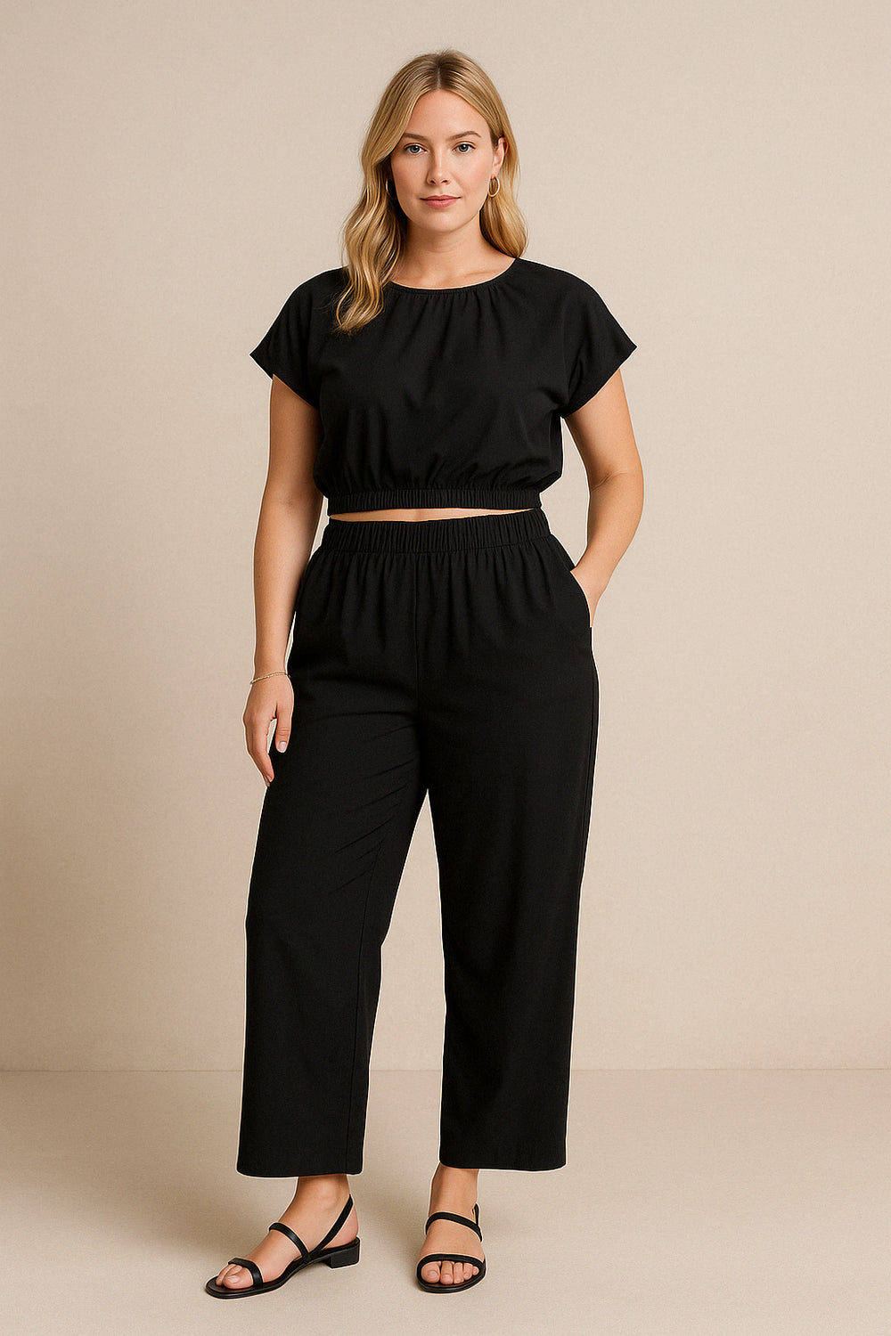 Ensemble Ojúkòkò Noir – 1Look by Adé, crop top manches ballon et pantalon fluide