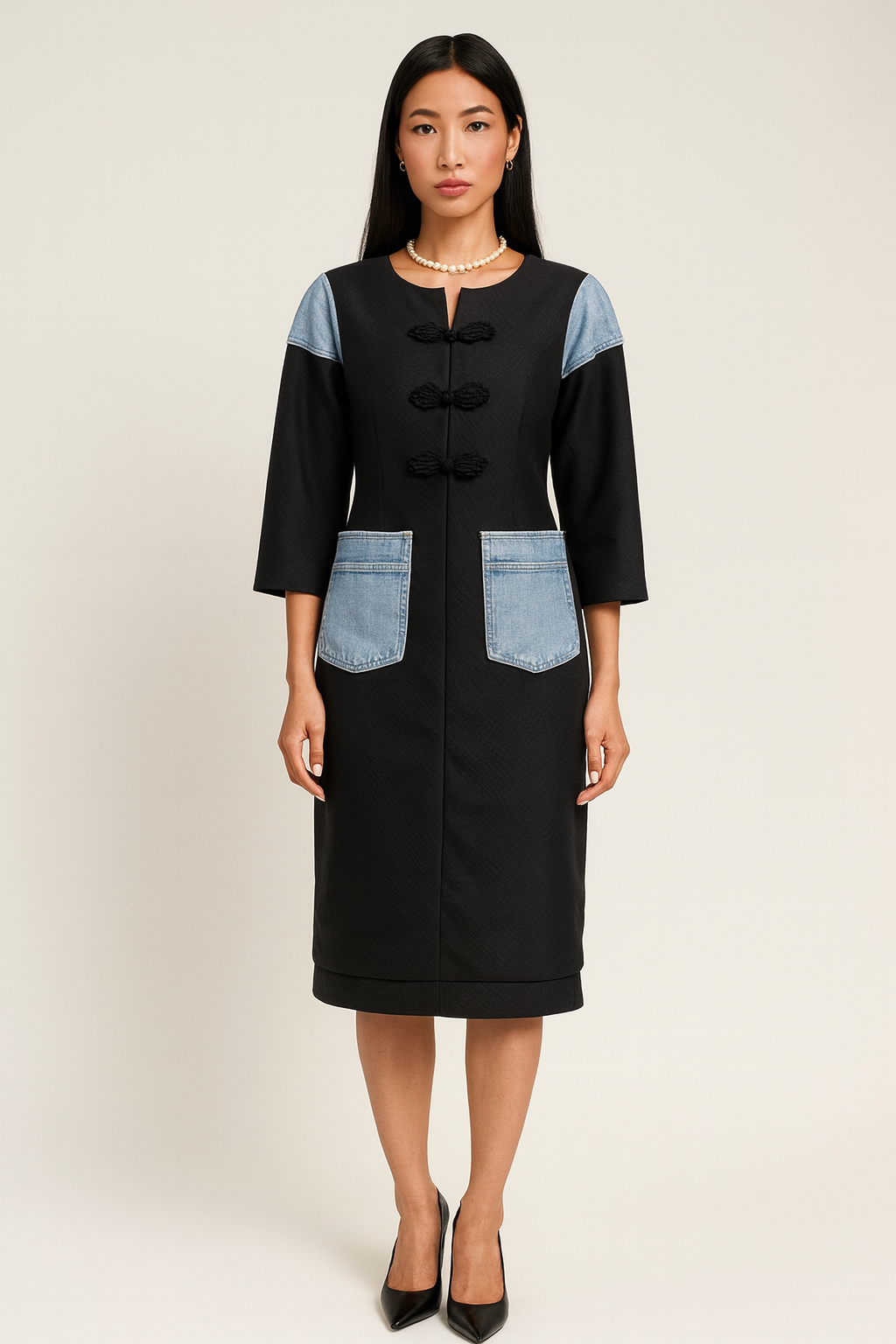 robe TÁYÉ 1Look By Adé – robe mi-longue en jersey et denim
