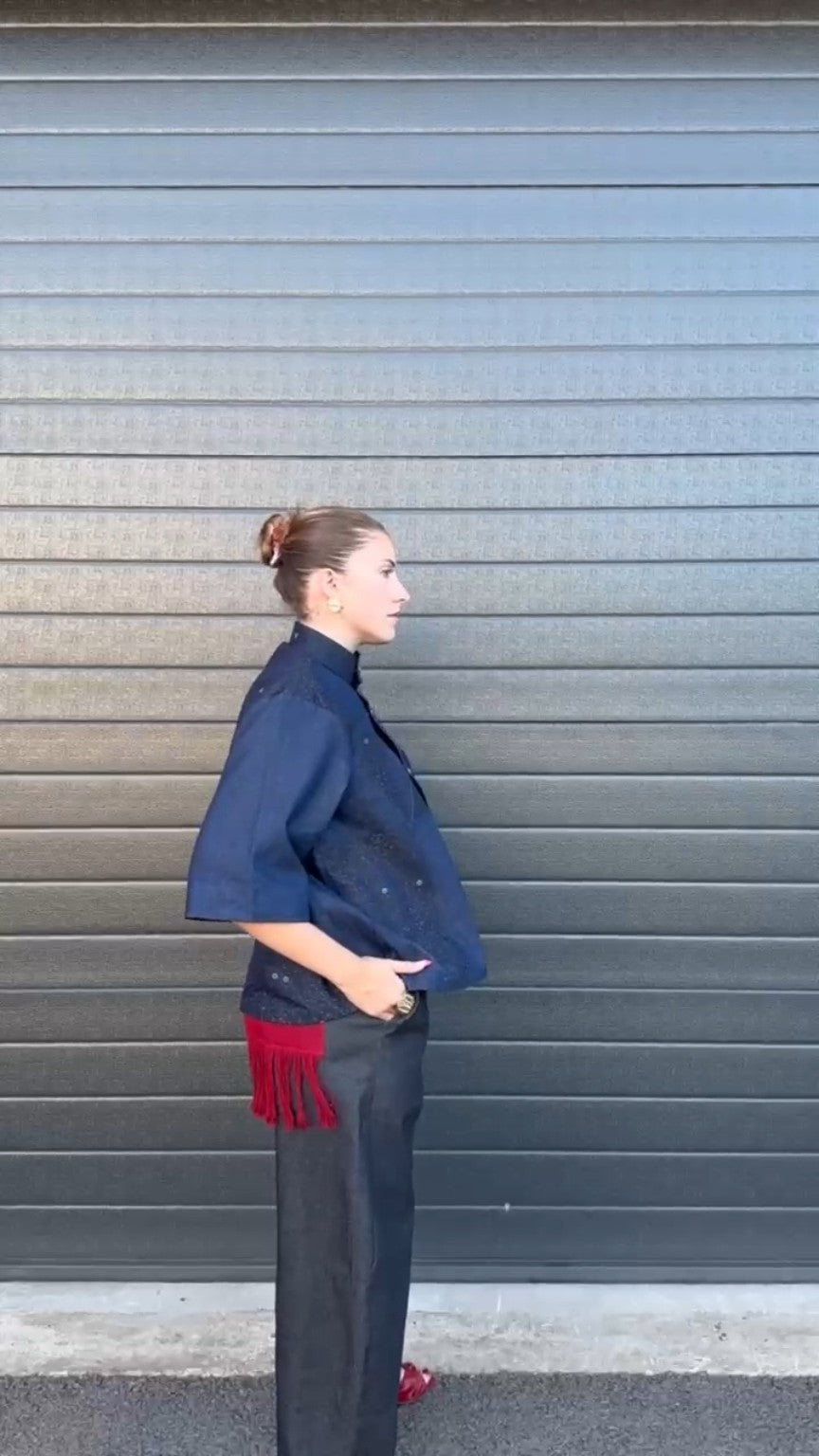 SHIFT INDIGO Maison Adé — veste patchwork denim bleu nuit, vue de profil